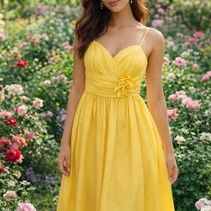 Chic Yellow Midi Dress with Floral Detail